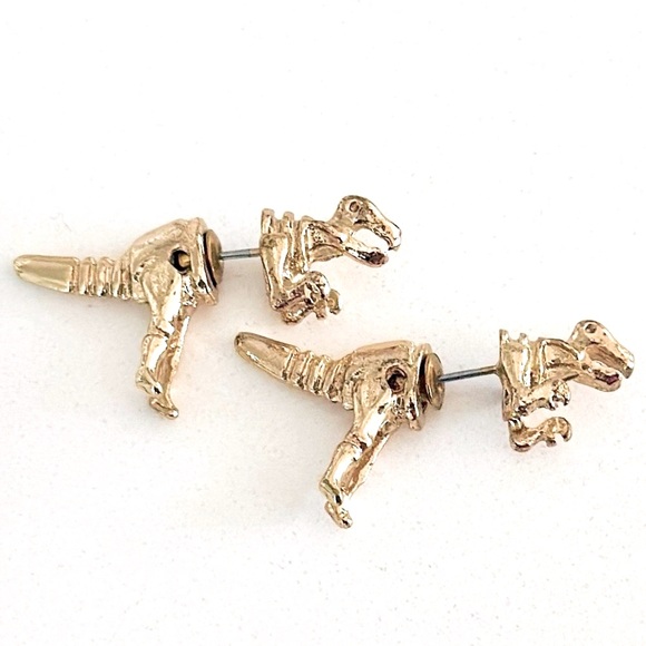 Jewelry - T-Rex Dinosaur Shaped Front and Back Two Part Earrings in Gold